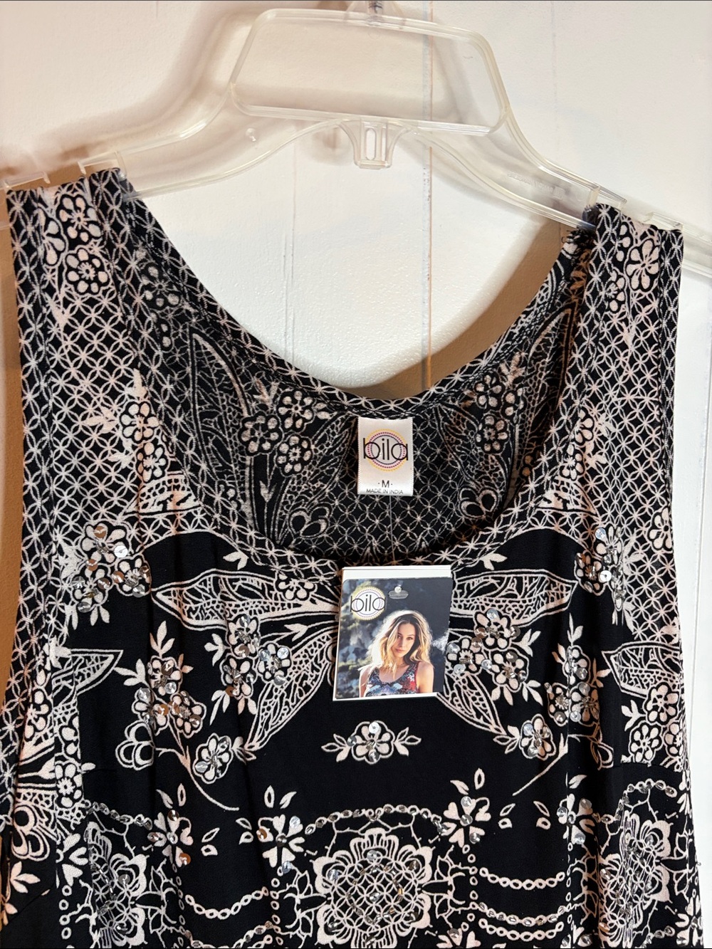 NWT Bila Boho Black White Embellished Sequin Lace Tank Top Size M